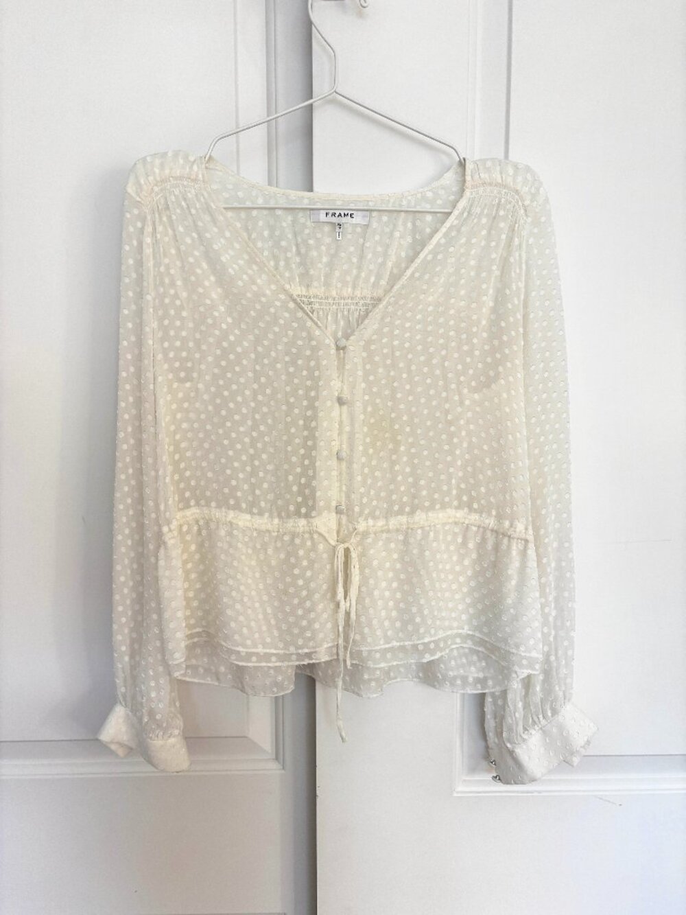 FRAME 100% Silk Dot Chiffon Blouse Ruffle Cuffs XS